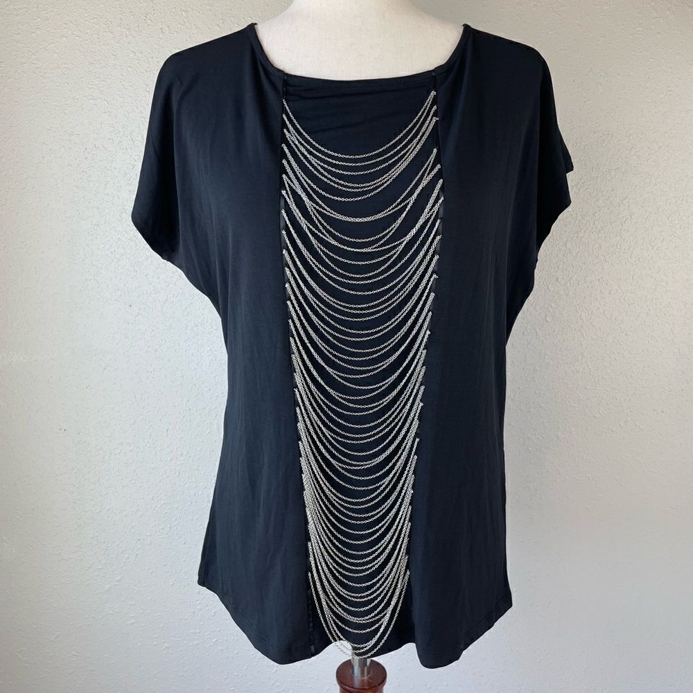 INC International Concepts Black Top with Silver Chain Detail